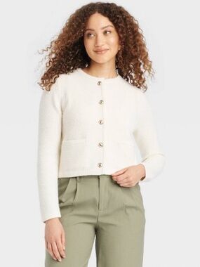 A New Day White Texture-Knit Gold Button Cardigan Sweater Size Large NWOT